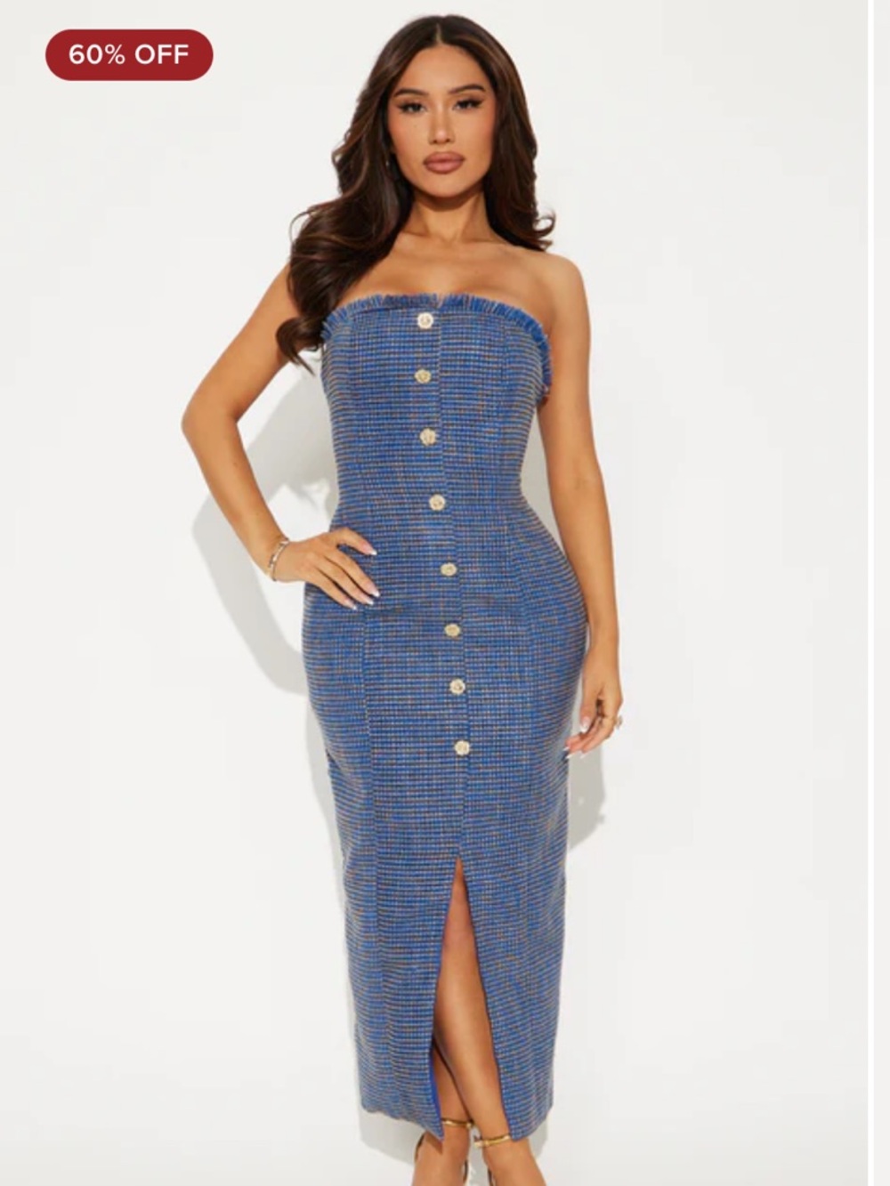 Fashion Nova Blue Strapless Tweed Midi Dress with Front Buttons